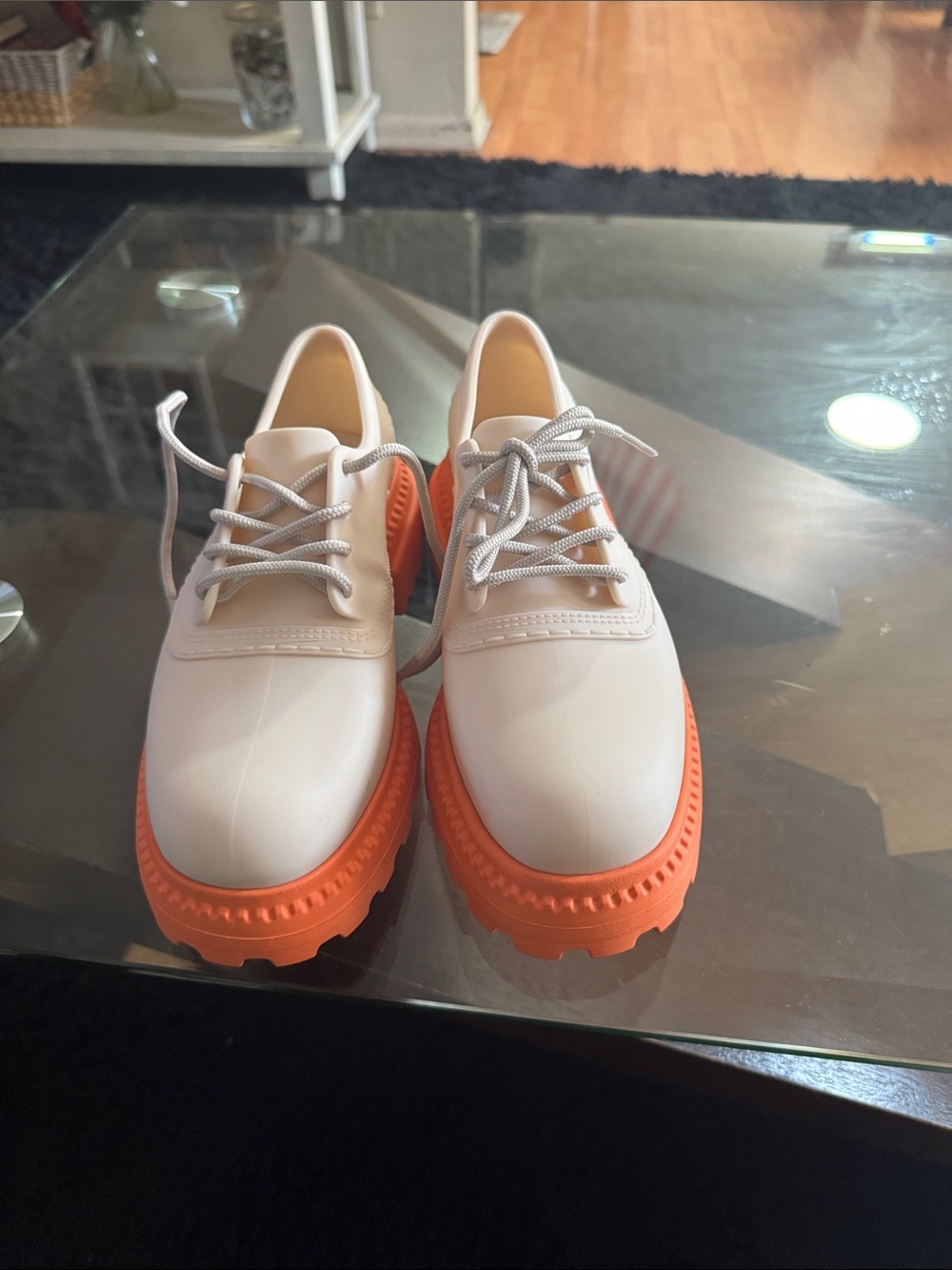 Women’s White Lace-Up Boots with Bold Orange Sole